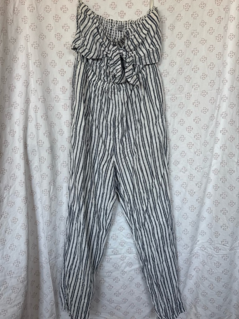 American Eagle Outfitters Blue and White Striped Strapless Jumpsuit